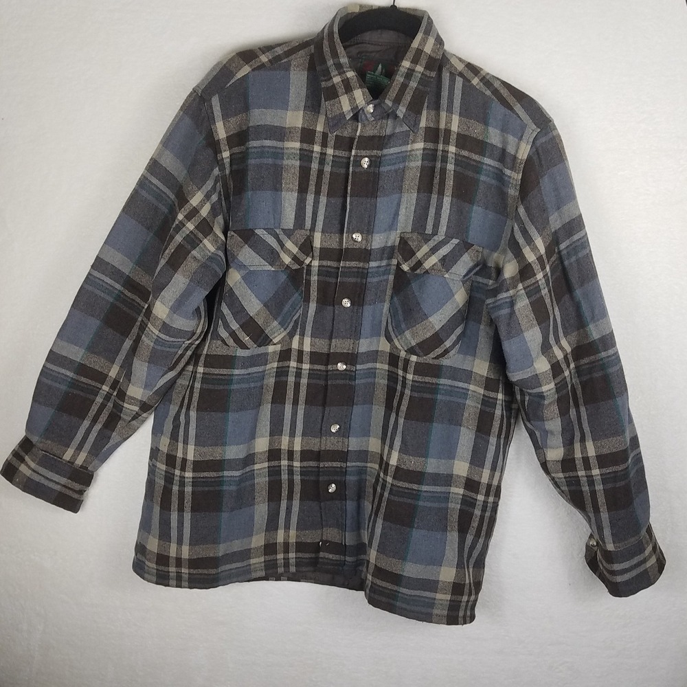 High Sierra Plaid Wool Blend Shirt Jacket Mens M Blue Brown Excellent Quilted